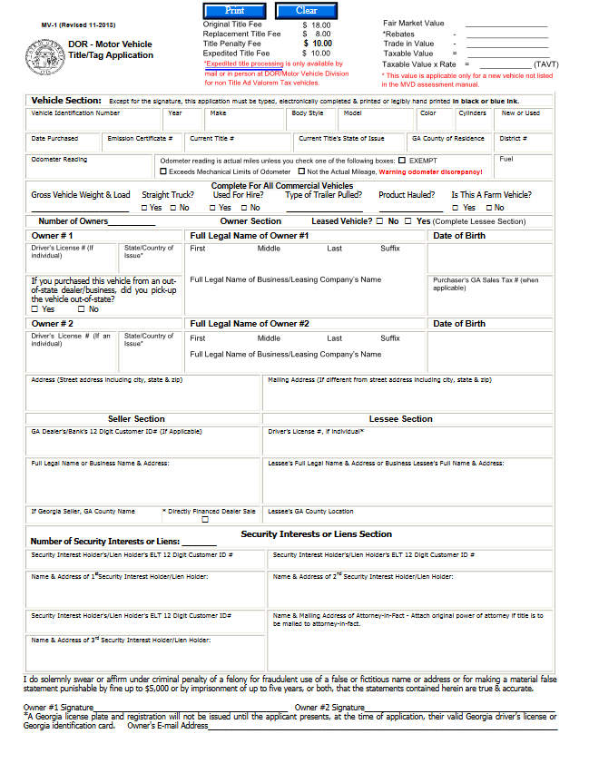Sample Title Replacement Form of Georgia