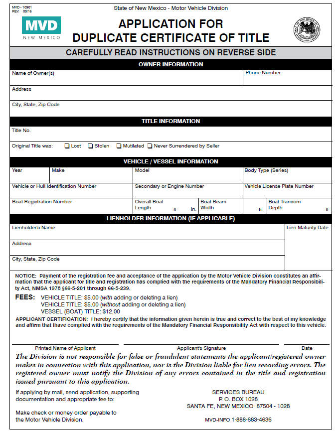 Sample Title Replacement Form of New Mexico
