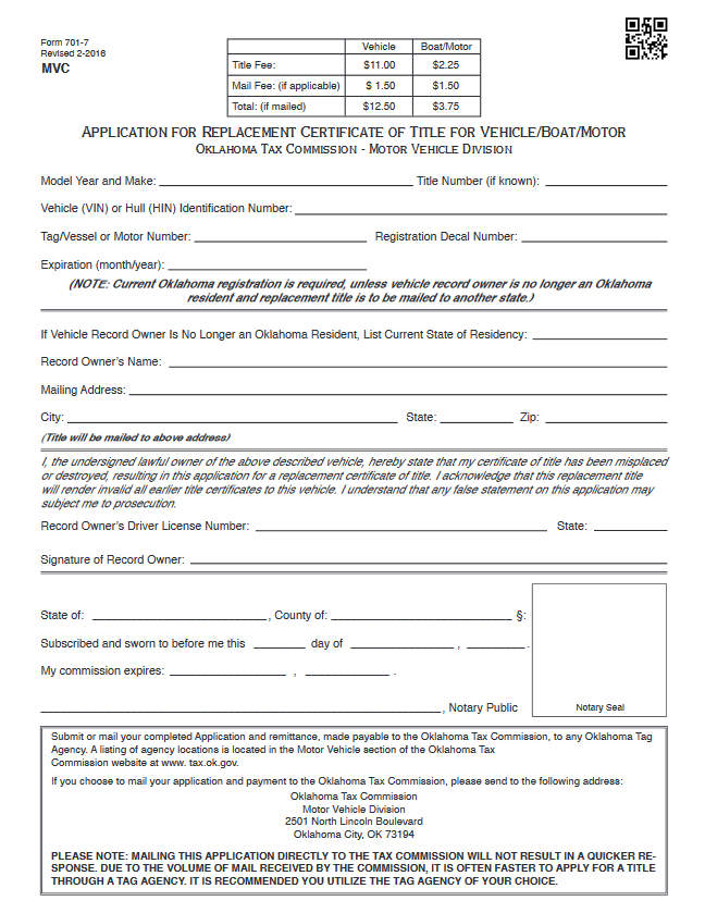 Sample Title Replacement Form of Oklahoma
