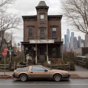 Junk car parked in front of old Woodside building 