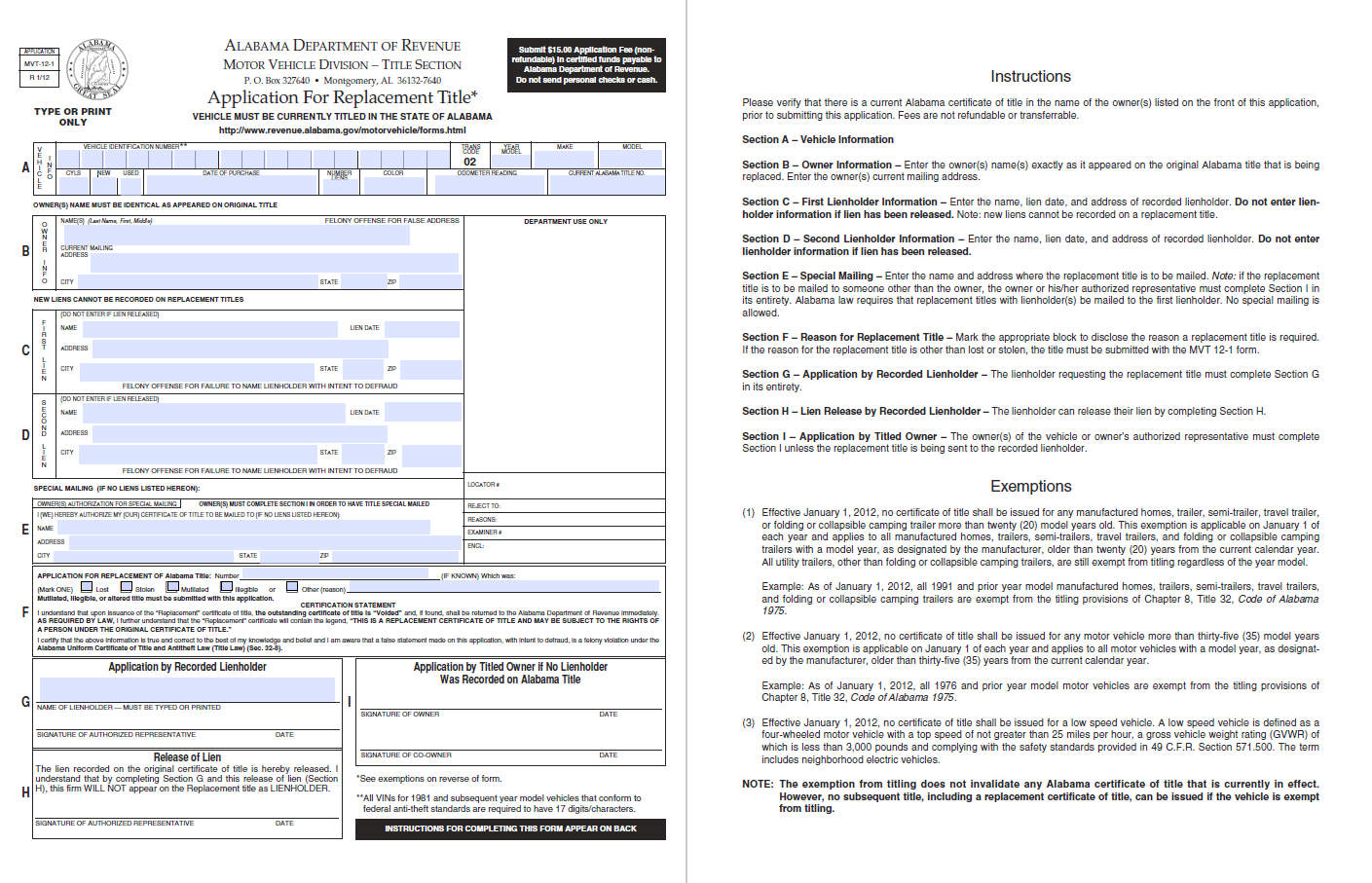 Sample Title Replacement Form of Alabama