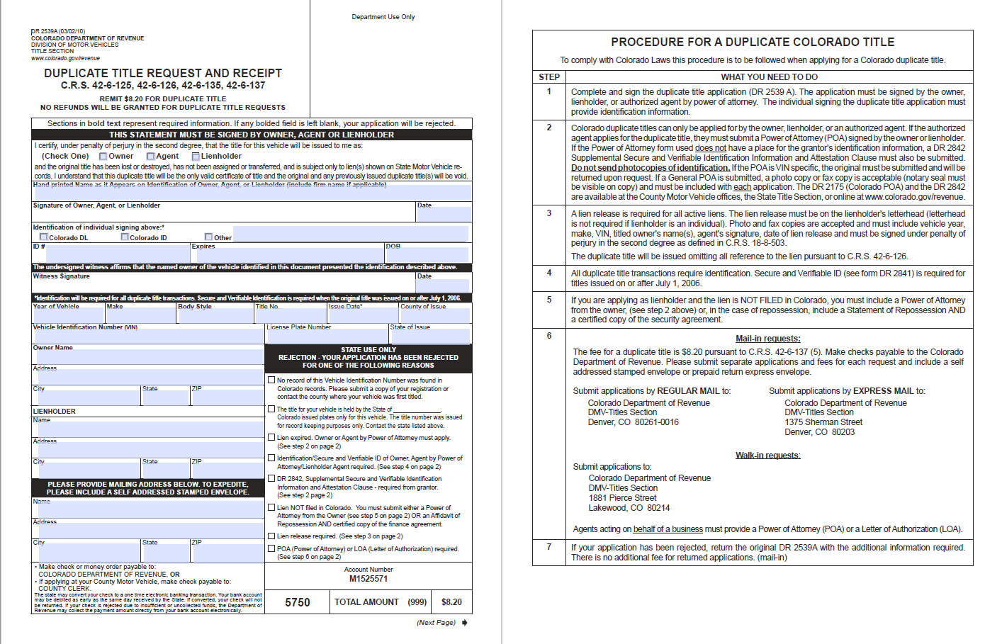 Sample Title Replacement Form of Colorado