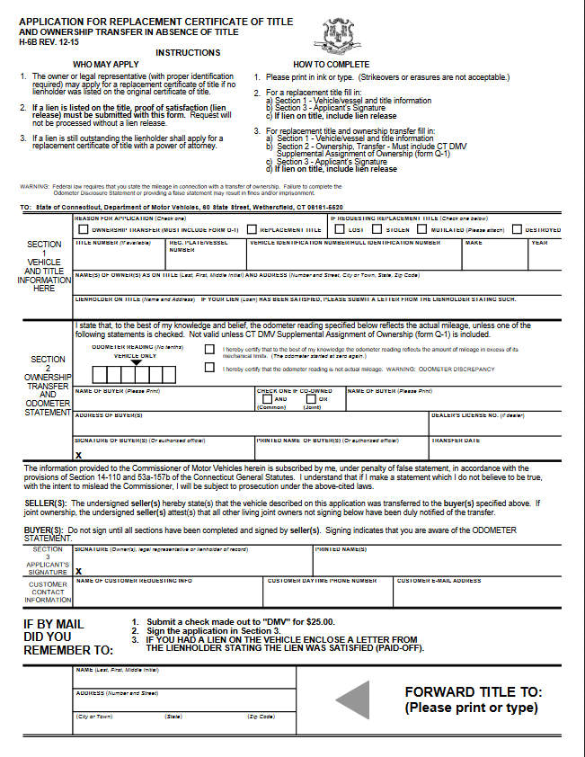 Sample Title Replacement Form of Connecticut