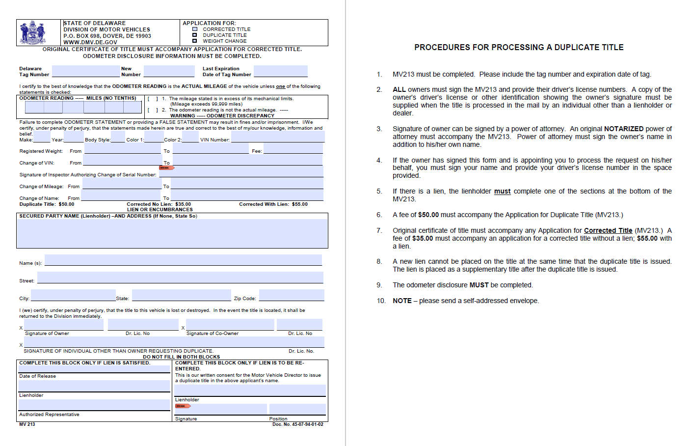 Sample Title Replacement Form of Delaware