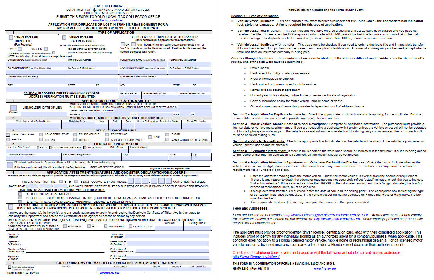 Sample Title Replacement Form of Florida