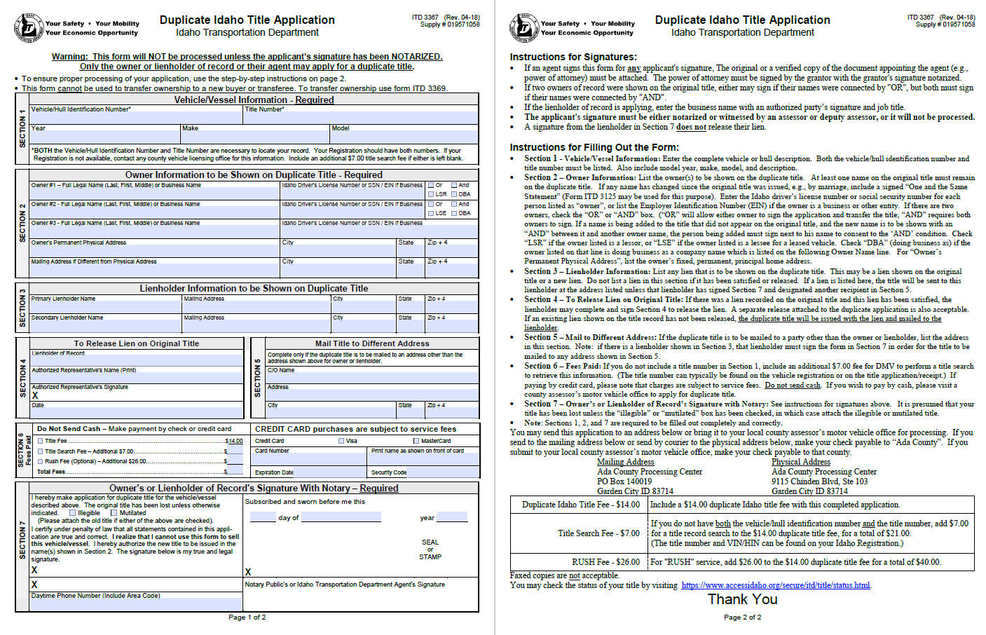 Sample Title Replacement Form of Idaho