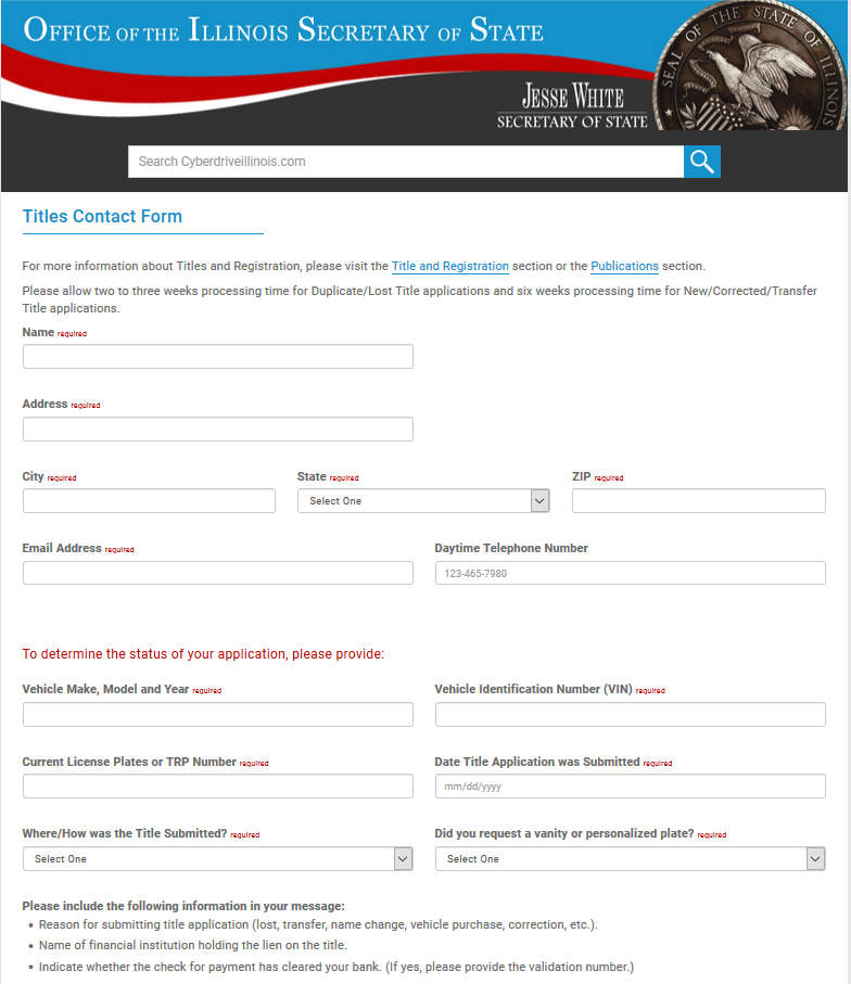 Sample Title Replacement Form of Illinois