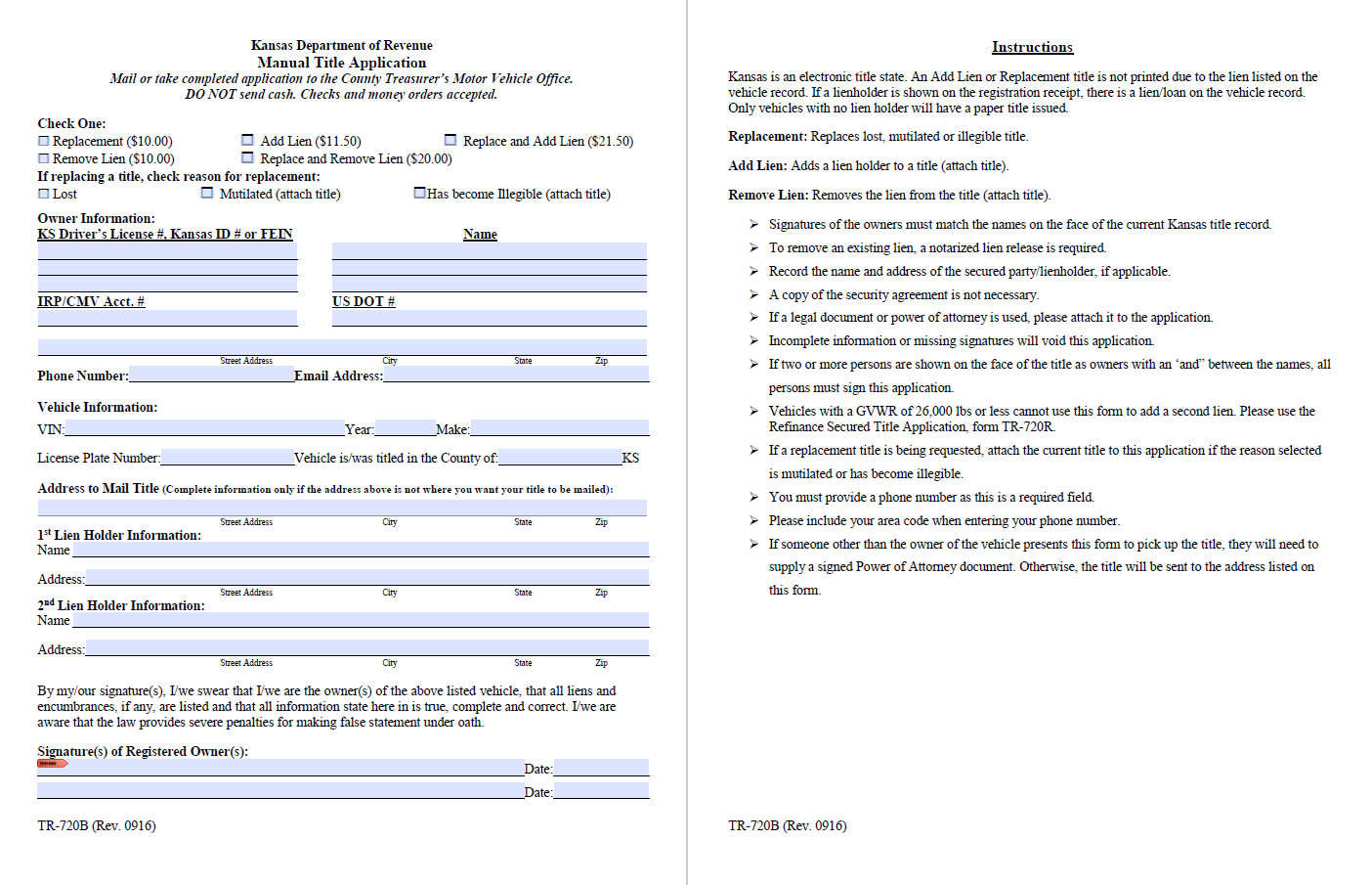 Sample Title Replacement Form of Kansas