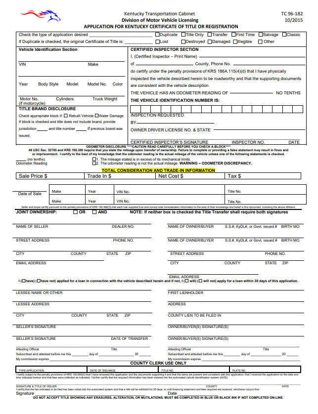 Sample Title Replacement Form of Kentucky