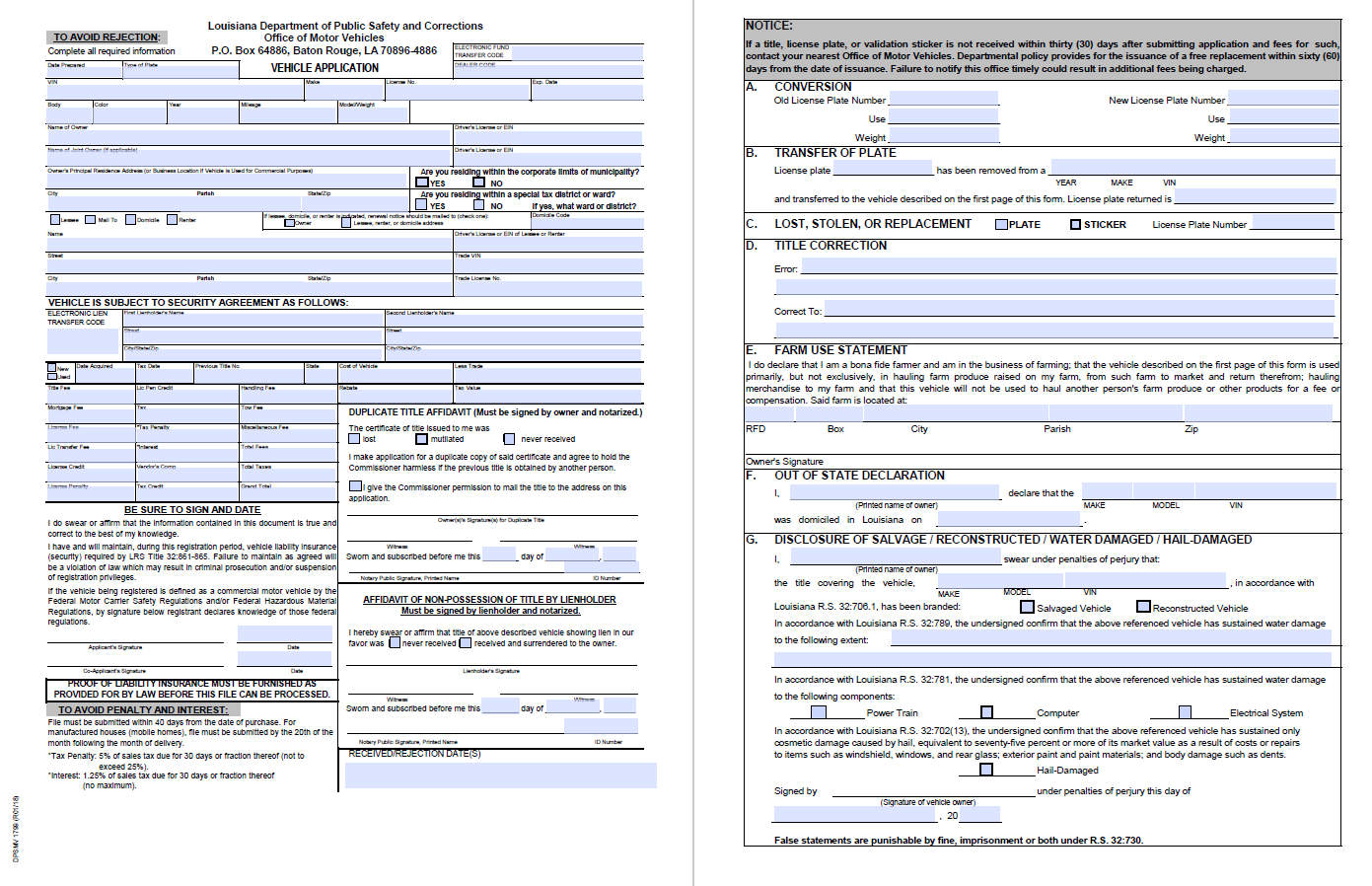 Sample Title Replacement Form of Louisiana