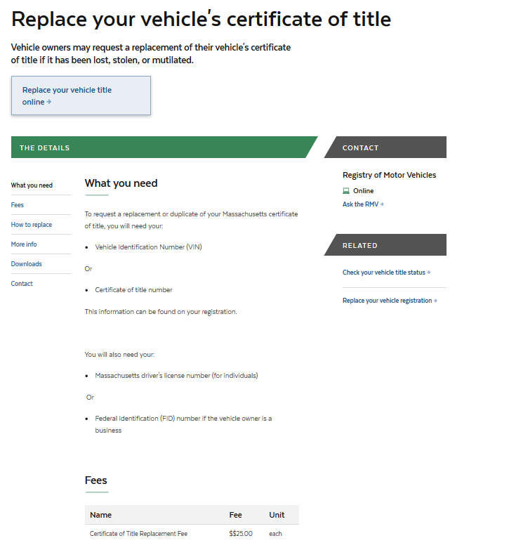 Sample Title Replacement Form of Massachusetts