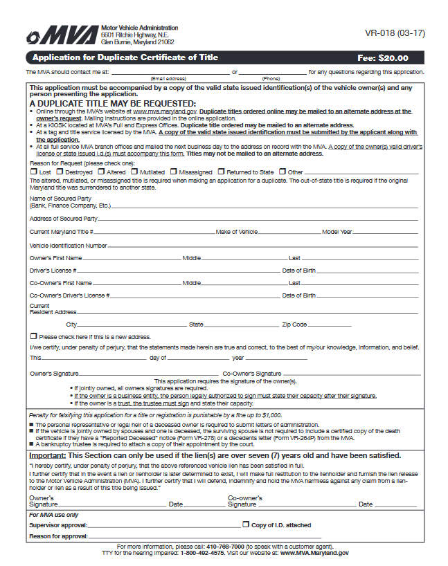 Sample Title Replacement Form of Maryland