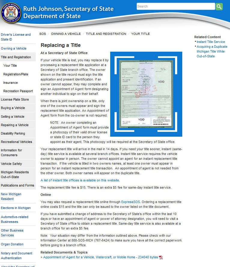 Sample Title Replacement Form of Michigan