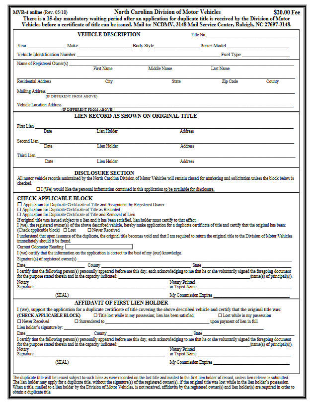 Sample Title Replacement Form of North Carolina