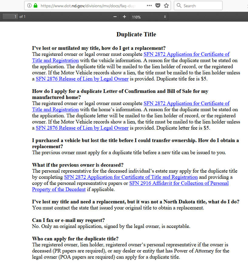 Sample Title Replacement Form of North Dakota