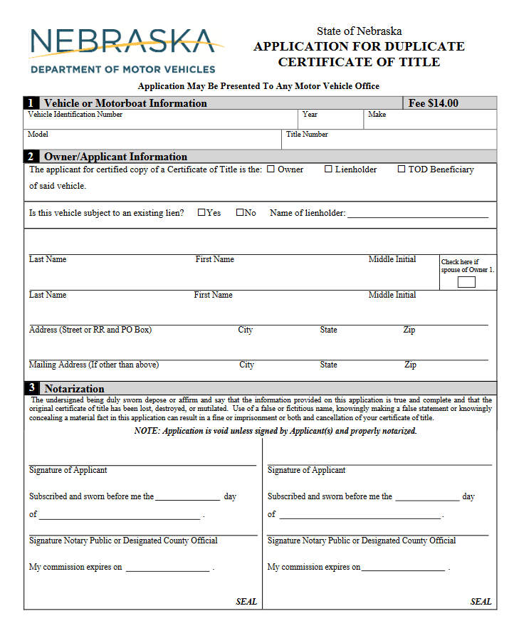 Sample Title Replacement Form of Nebraska