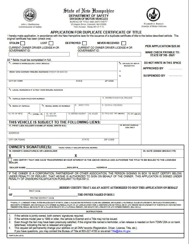 Sample Title Replacement Form of New Hampshire