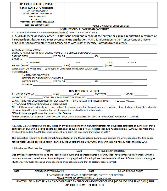 Sample Title Replacement Form of New Jersey