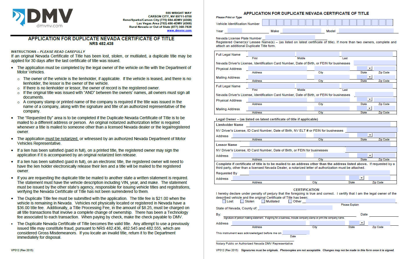 Sample Title Replacement Form of Nevada