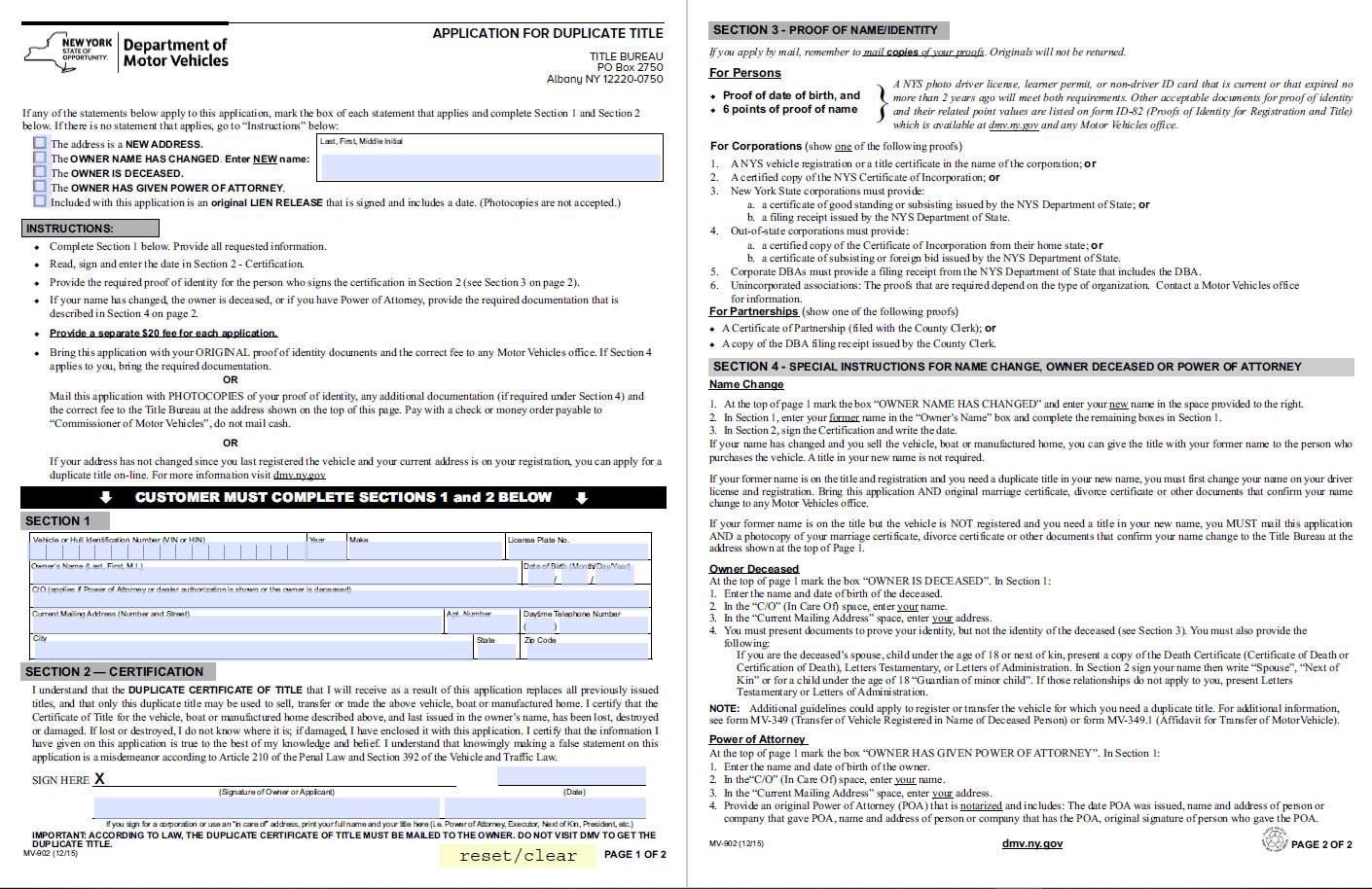 Sample Title Replacement Form of New York