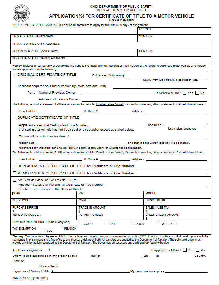 Sample Title Replacement Form of Ohio