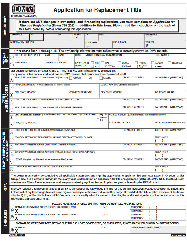 Sample Title Replacement Form of Oregon