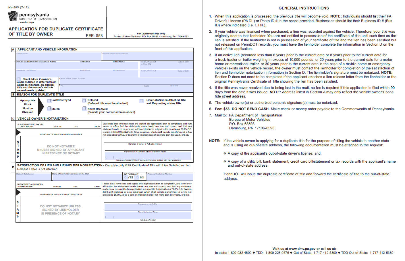 Sample Title Replacement Form of Pennsylvania