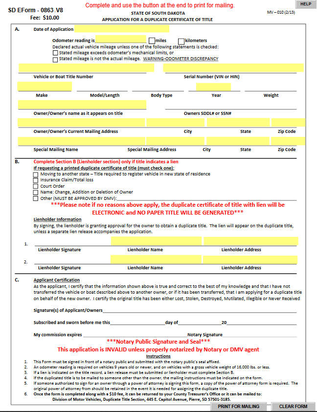 Sample Title Replacement Form of South Dakota