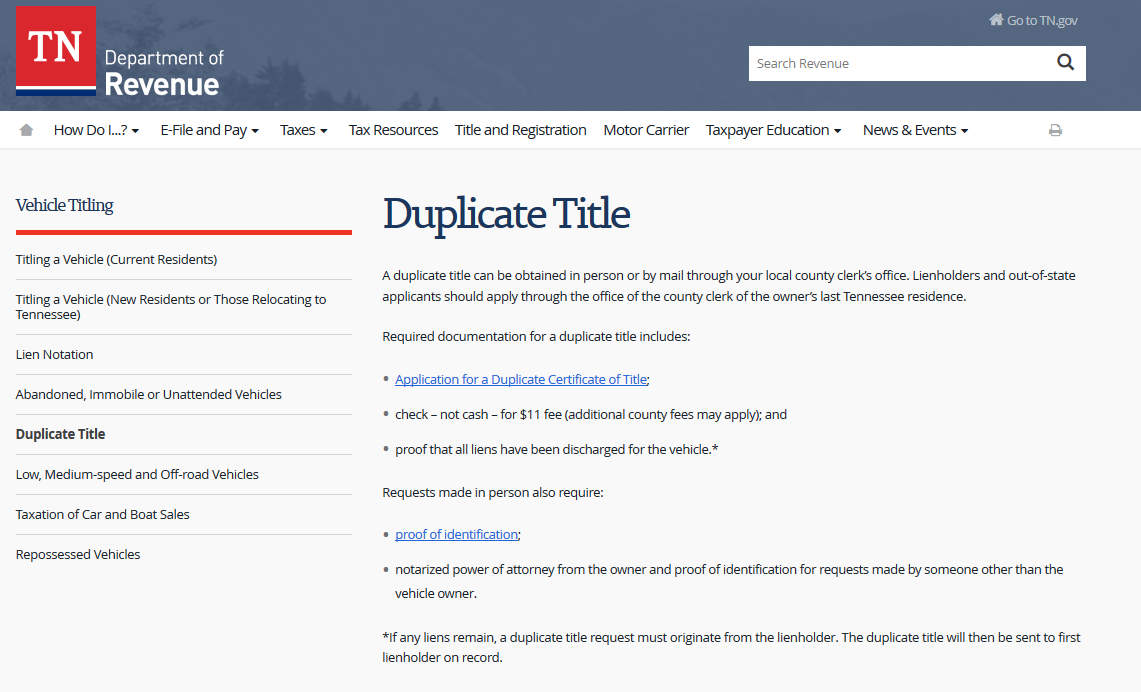 Sample Title Replacement Form of Tennessee