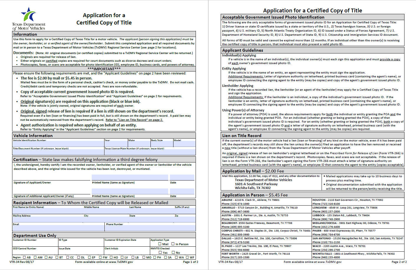 Sample Title Replacement Form of Texas