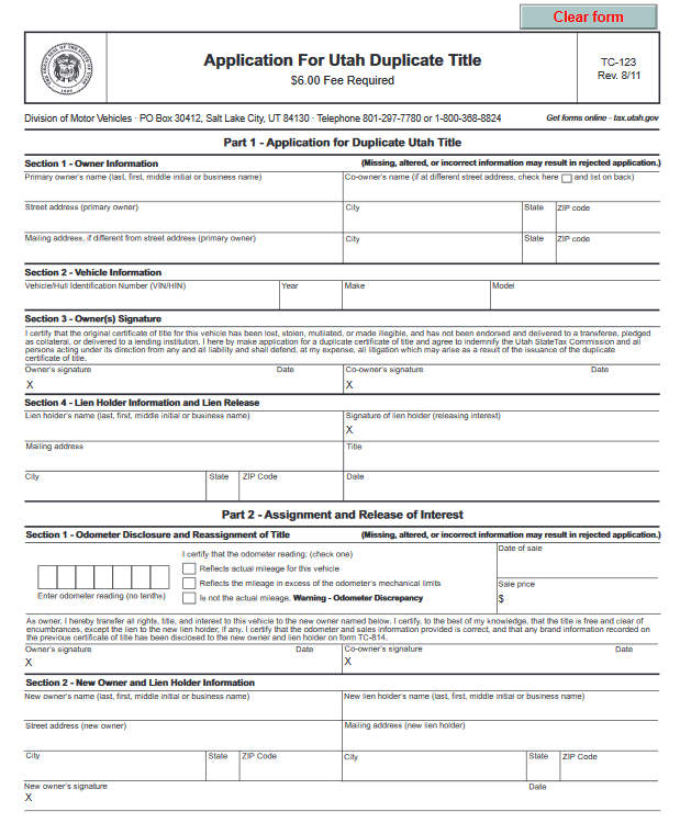 Sample Title Replacement Form of Utah