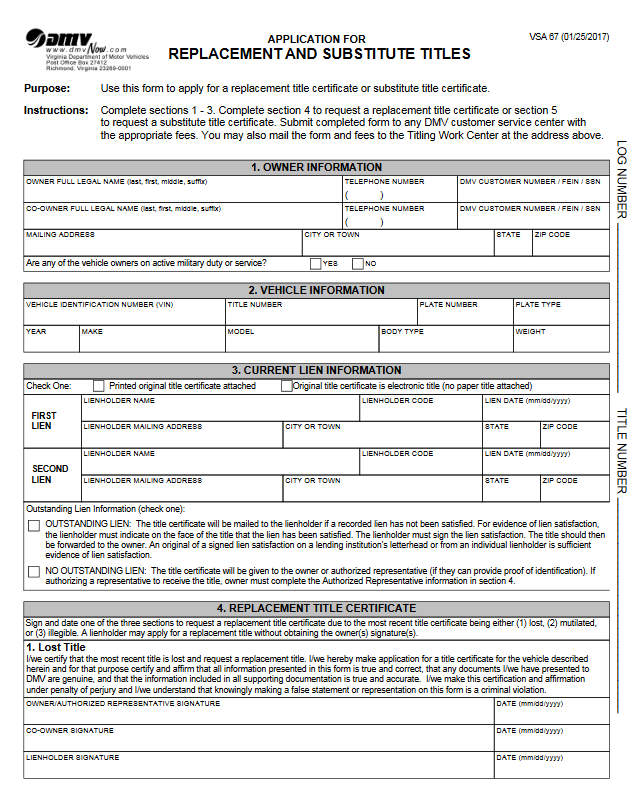 Sample Title Replacement Form of Virginia