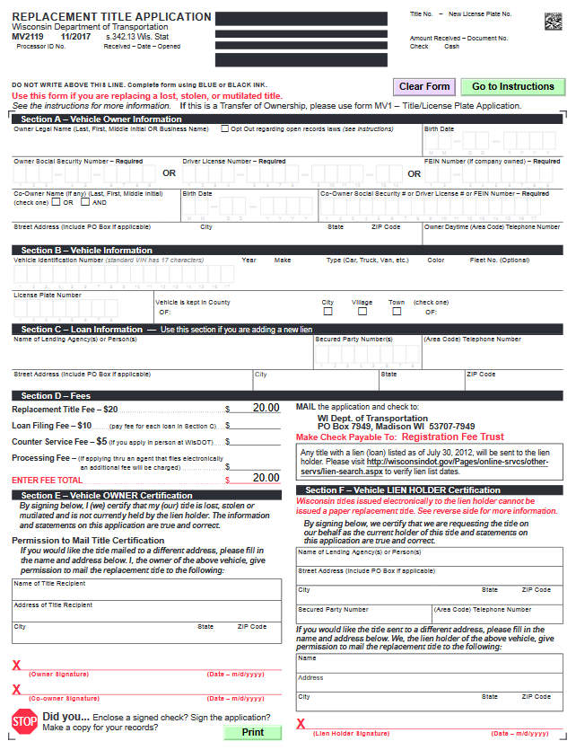 Sample Title Replacement Form of Wisconsin