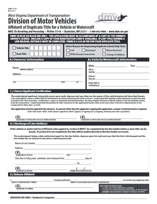 Sample Title Replacement Form of West Virginia